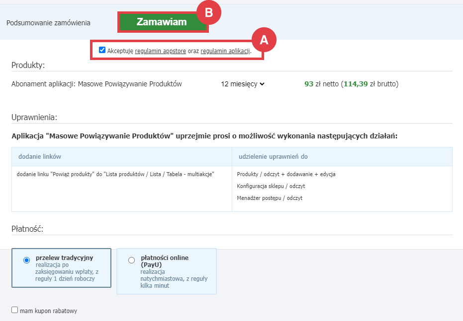 Panel administracyjny sklepu > Dodatki i integracje > Aplikacje > Masowe Powiązywanie Produktów > Instalacja