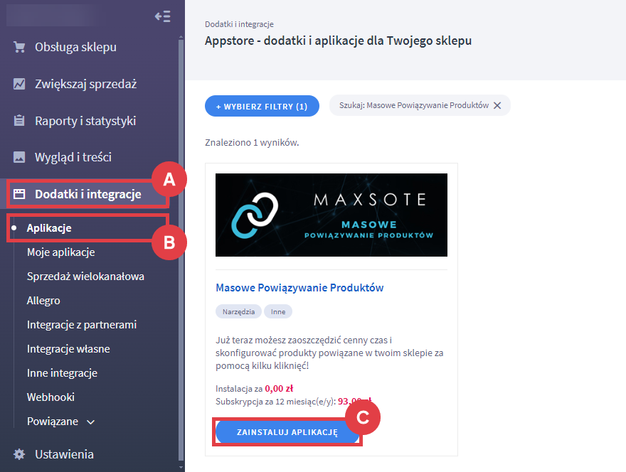 Panel administracyjny sklepu > Dodatki i integracje > Aplikacje > Masowe Powiązywanie Produktów