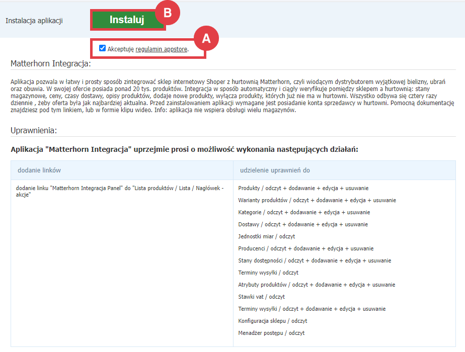 Panel administracyjny sklepu > Dodatki i integracje > Aplikacje > Matterhorn Integracja > Instalacja