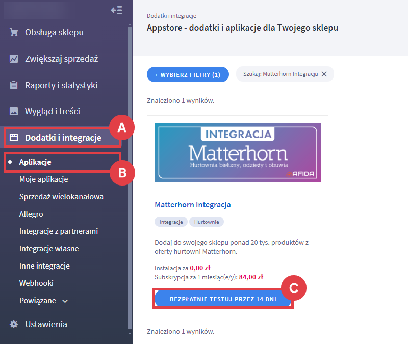 Panel administracyjny sklepu > Dodatki i integracje > Aplikacje > Matterhorn Integracja