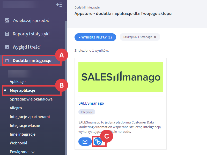 Panel administracyjny sklepu > Dodatki i integracje > Moje aplikacje > SALESmanago