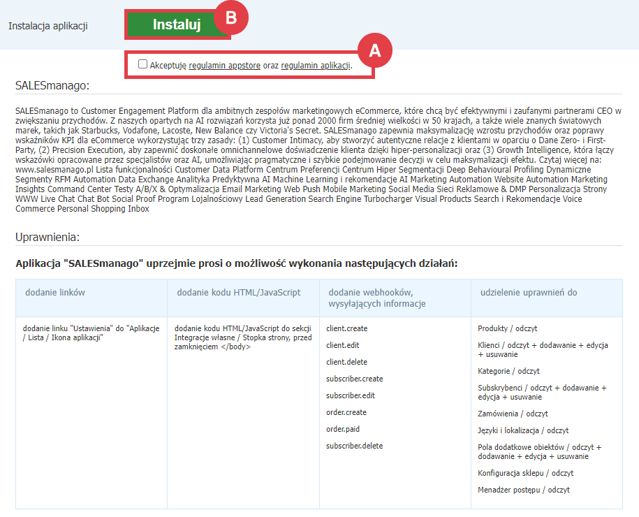 Panel administracyjny sklepu > Dodatki i integracje > Aplikacje > SALESmanago > Instalacja