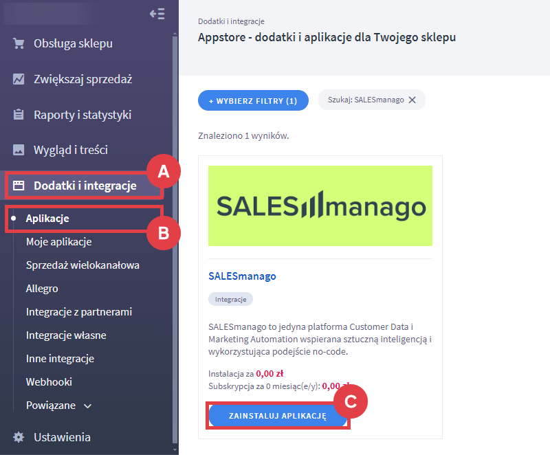 Panel administracyjny sklepu > Dodatki i integracje > Aplikacje > SALESmanago