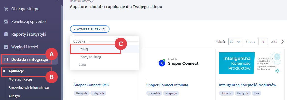 Panel administracyjny > Dodatki i integracje > Aplikacje >Szukaj
