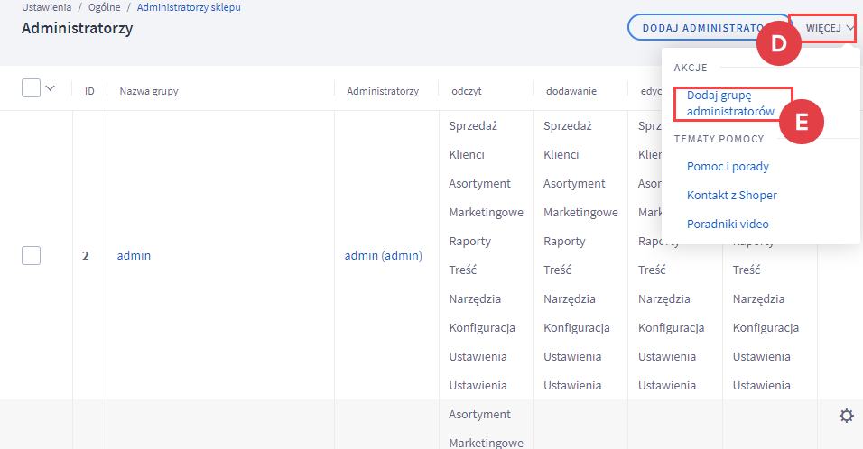Panel administracyjny > Ustawienia > Ogólne > Administratorzy sklepu