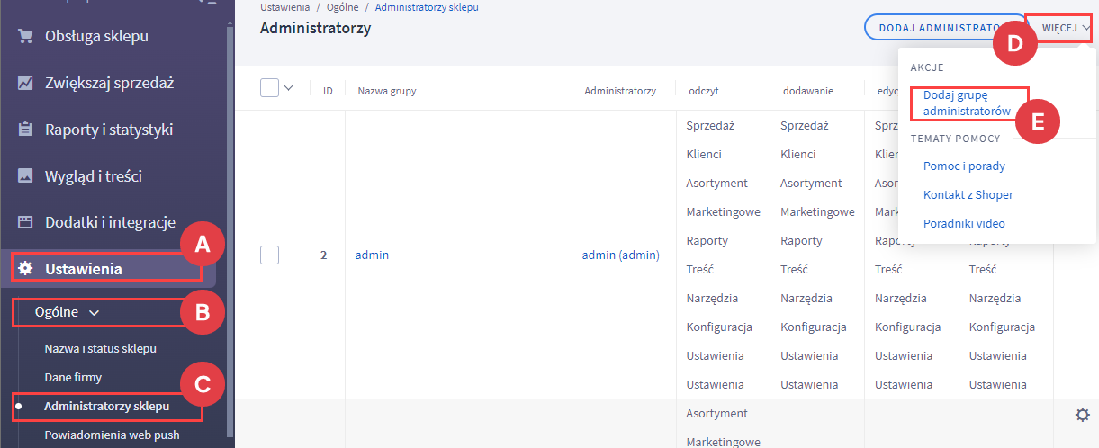 Panel administracyjny > Ustawienia > Ogólne > Administratorzy sklepu