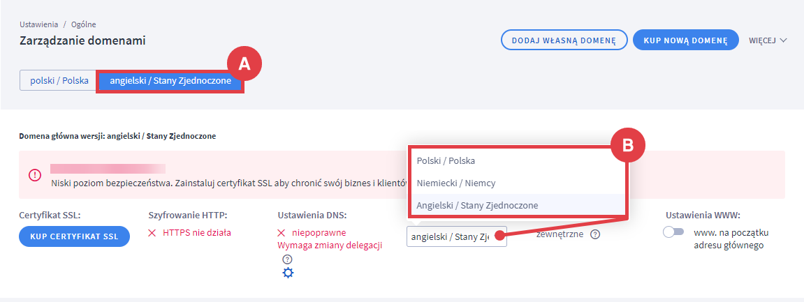 Panel administracyjny sklepu > Ustawienia > Ogólne > Domeny > Wersja językowa > Język domyślny