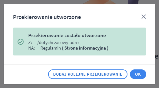 Komunikat po utworzeniu przekierowania 301 w interfejsie sklepu Panel administracyjny > Ustawienia > Zaawansowane > Przekierowania