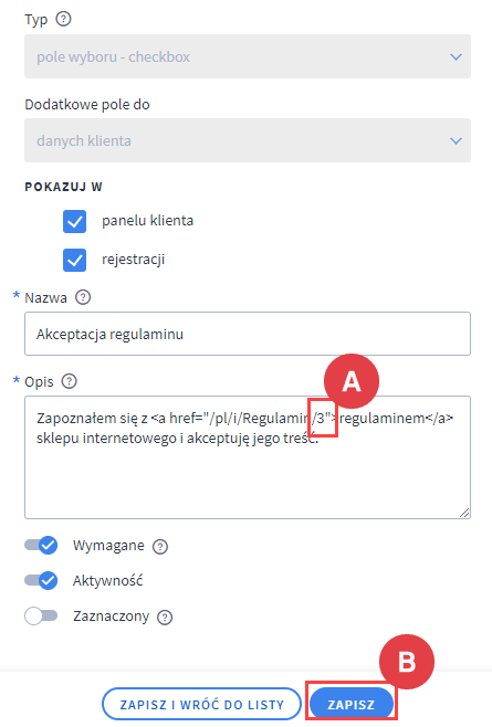 Panel administracyjny > Wygląd i treści > Dodatkowe pola formularzy > Edycja zgody