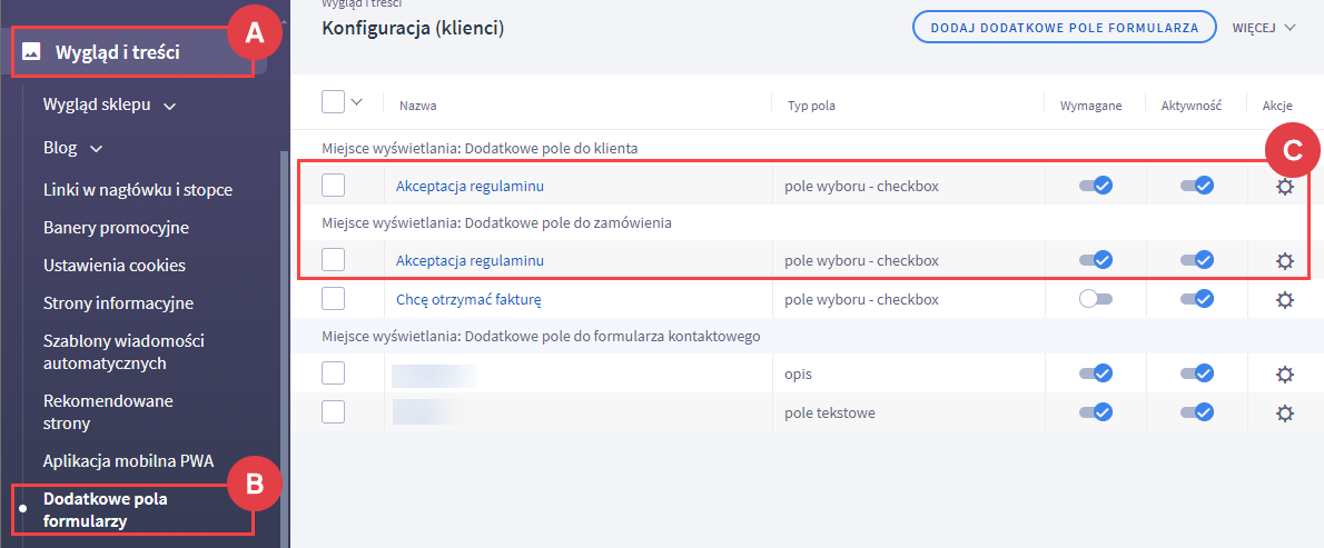 Panel administracyjny > Wygląd i treści > Dodatkowe pola formularzy