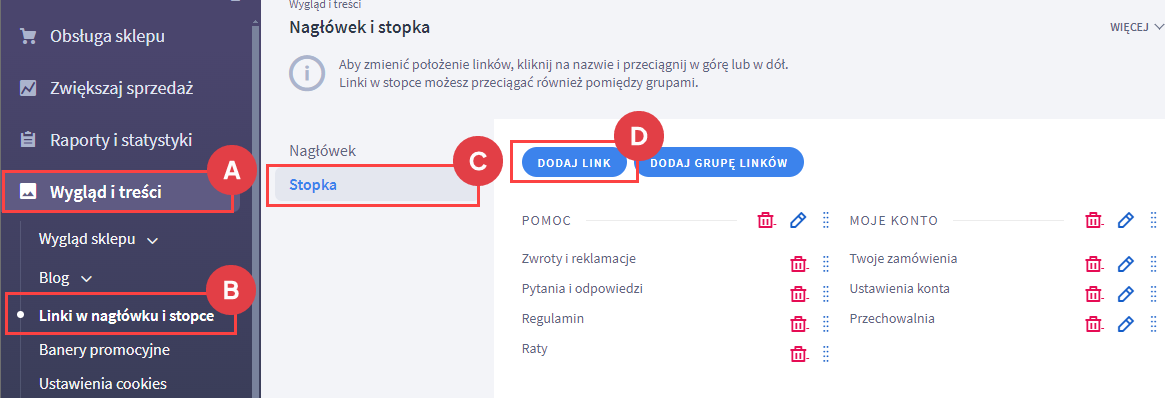 Panel administracyjny > Wygląd i treści > Linki w nagłówku i stopce > Stopka