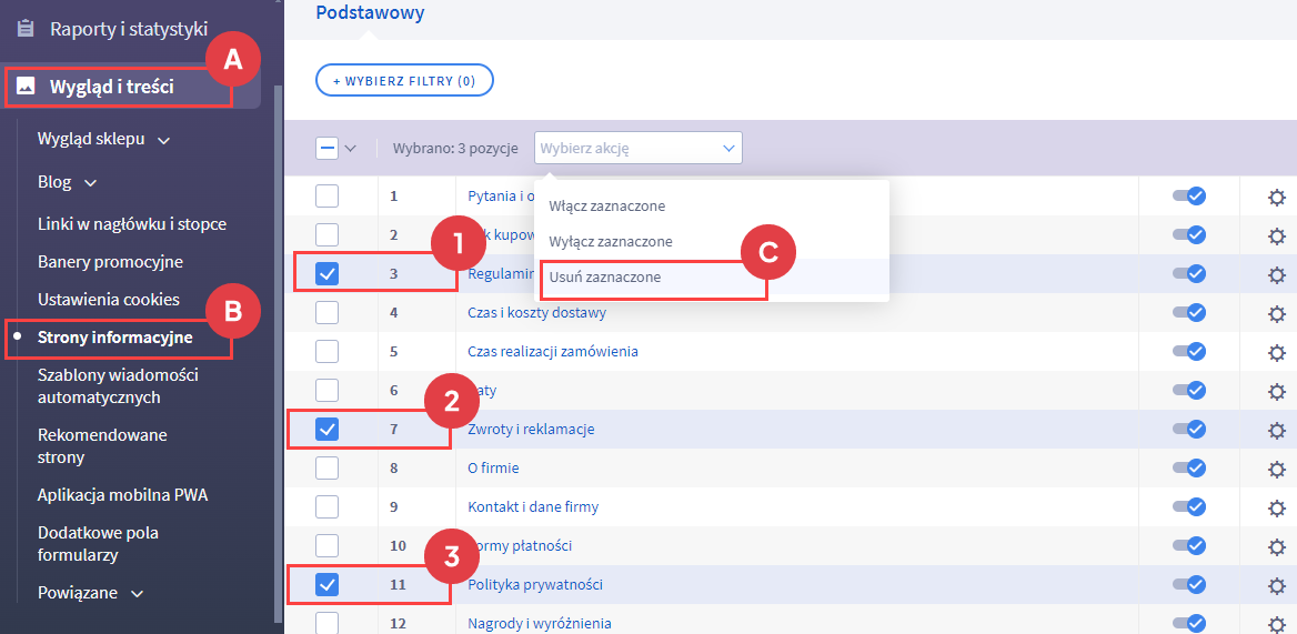 Panel administracyjny > Wygląd i treści > Strony informacyjne