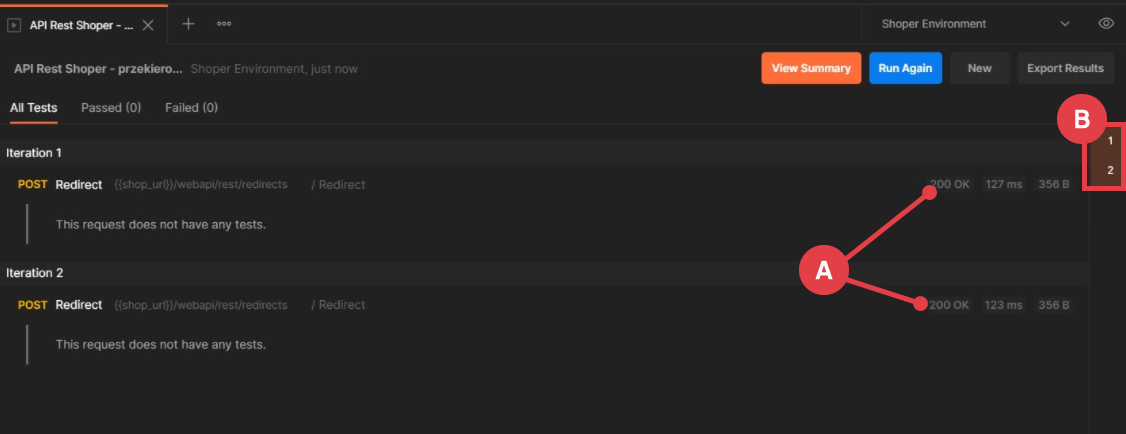 Śledź iteracje importu wierszy w programie Postman Program Postman > Collections > API Rest Shoper > Iteration 1