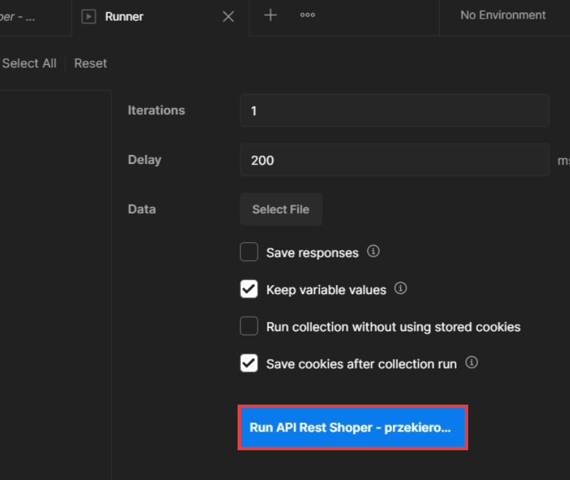 Rozpocznij import przekierowań 301 w pliku CSV Program Postman > Collections > Run > Runner
