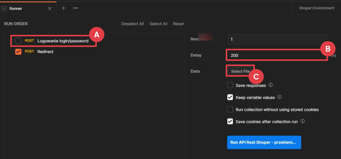 Ustawienia dla wgrywania gotowej kolekcji w Postman Program Postman > Collections > Run > Run Order