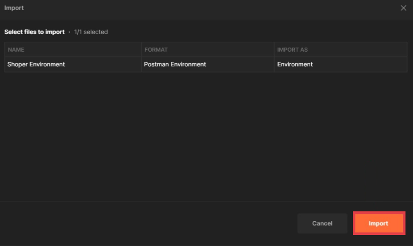Wczytaj plik środowiska Shoper Environments do programu Postman Program Postman > Environments > Import > Select files to import