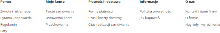 Linki do stron informacyjnych są najczęściej umieszczone w stopce sklepu. Przykład linków do stron informacyjnych znajdujących się w stopce sklepu.