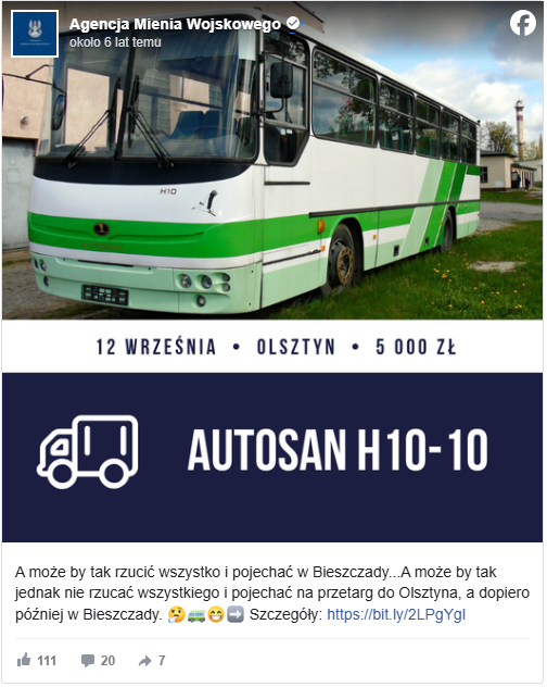 Zobacz przykładowy post dla produktu Autosan H10-10 na Facebooku Facebook > Agencja Mienia Wojskowego > Opis produktu Autosan H10-10