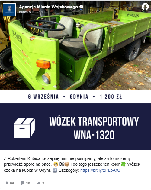Profil Agencji Mienia Wojskowego na Facebooku Facebook > Agencja Mienia Wojskowego > Opis wózka transportowego WNA-1320