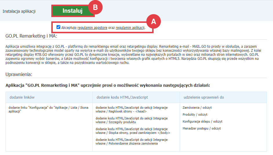 Panel administracyjny sklepu > Dodatki i integracje > Aplikacje > GO.PL Remarketing i MA > Instalacja
