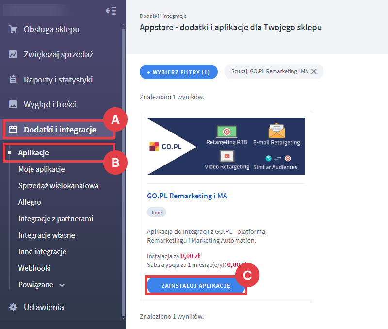 Panel administracyjny sklepu > Dodatki i integracje > Aplikacje > GO.PL Remarketing i MA