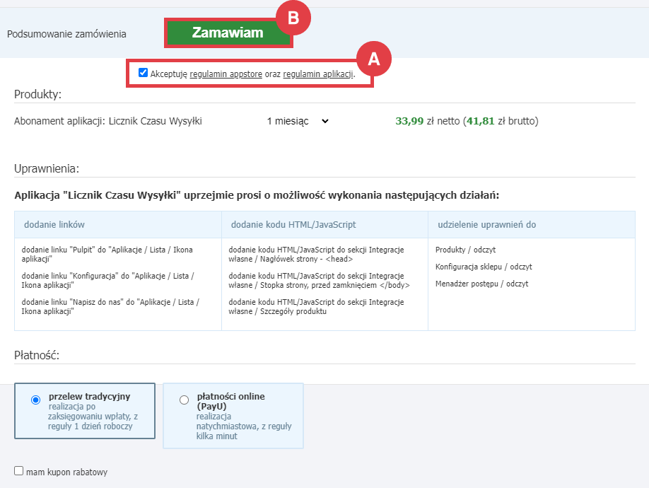 Zamów abonament aplikacji Licznik Czasu Wysyłki na platformie sklepowej Shoper Panel administracyjny sklepu > Dodatki i integracje > Aplikacje > Licznik Czasu Wysyłki > Instalacja