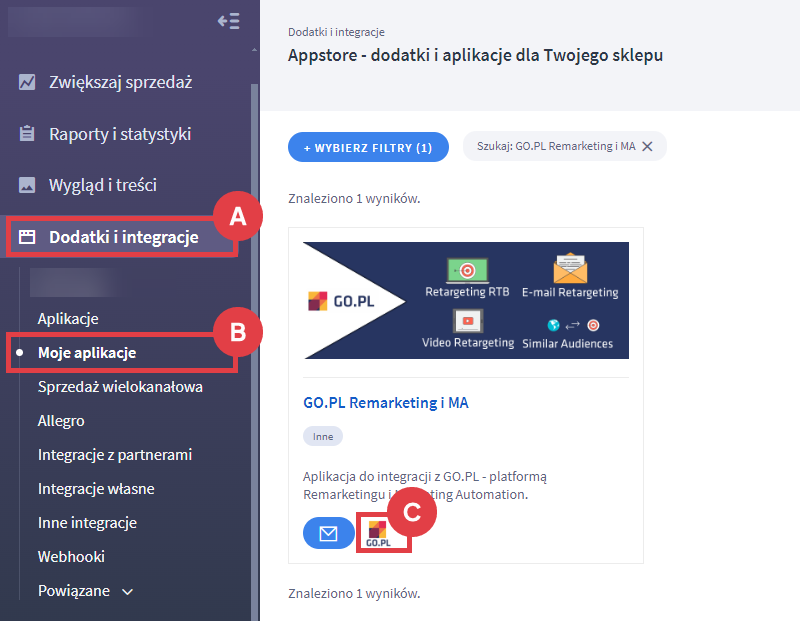 Panel administracyjny sklepu > Dodatki i integracje > Moje aplikacje > GO.PL Remarketing i MA