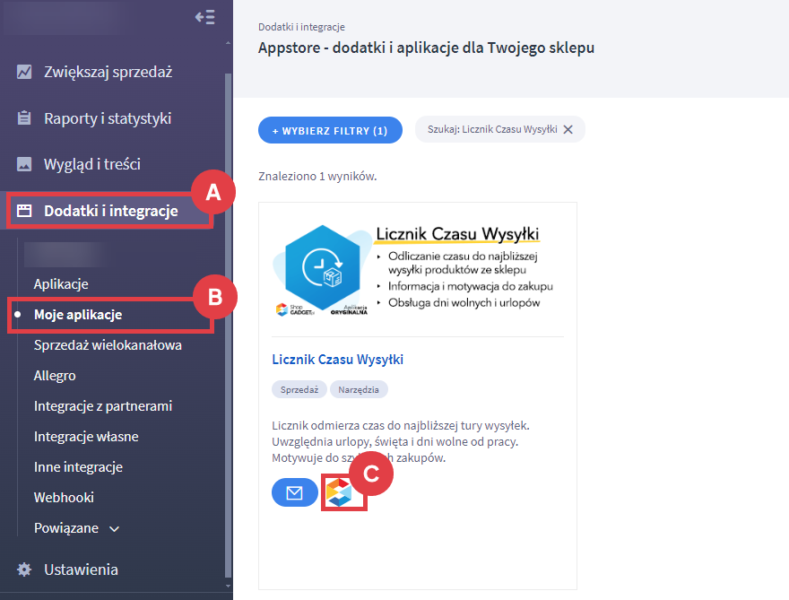 Przejdź do ustawień licznika czasu wysyłki w sklepie Shoper Panel administracyjny sklepu > Dodatki i integracje > Moje aplikacje > Licznik Czasu Wysyłki