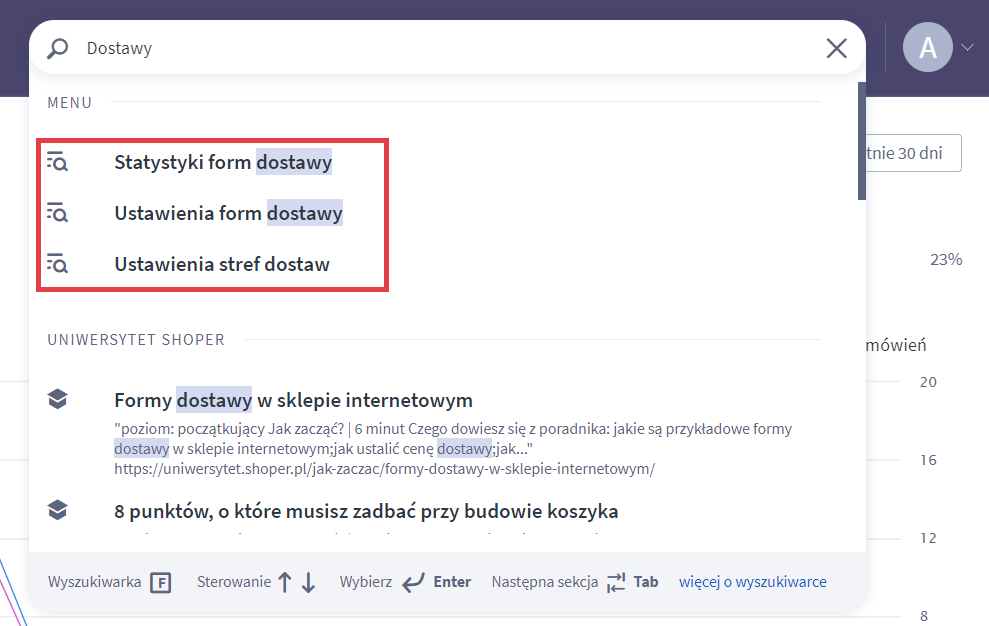 Wyszukiwarkę można wykorzystać do nawigacji po poszczególnych elementach sklepu Panel administracyjny sklepu > Wyszukiwarka > Ustawienia