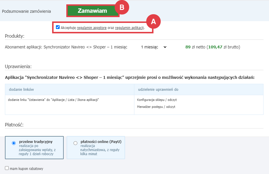 Zamów abonament aplikacji Synchronizator Navireo w Panelu administracyjnym sklepu Panel administracyjny sklepu > Dodatki i integracje > Aplikacje > Synchronizator Navireo > Abonament