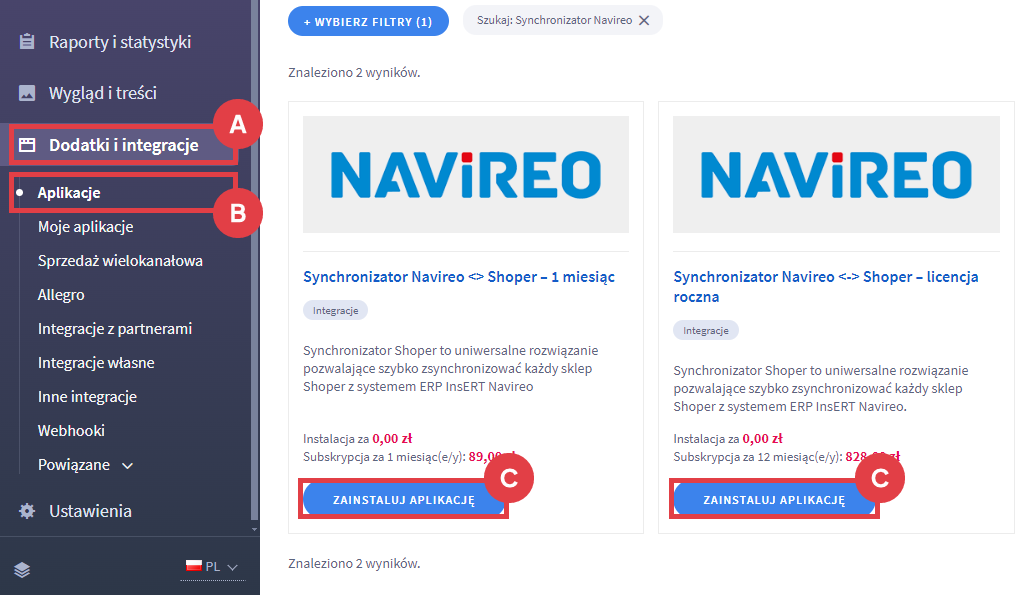 Skorzystaj z Synchronizatora Navireo dla sklepów internetowych na platformie Shoper Panel administracyjny sklepu > Dodatki i integracje > Aplikacje > Synchronizator Navireo