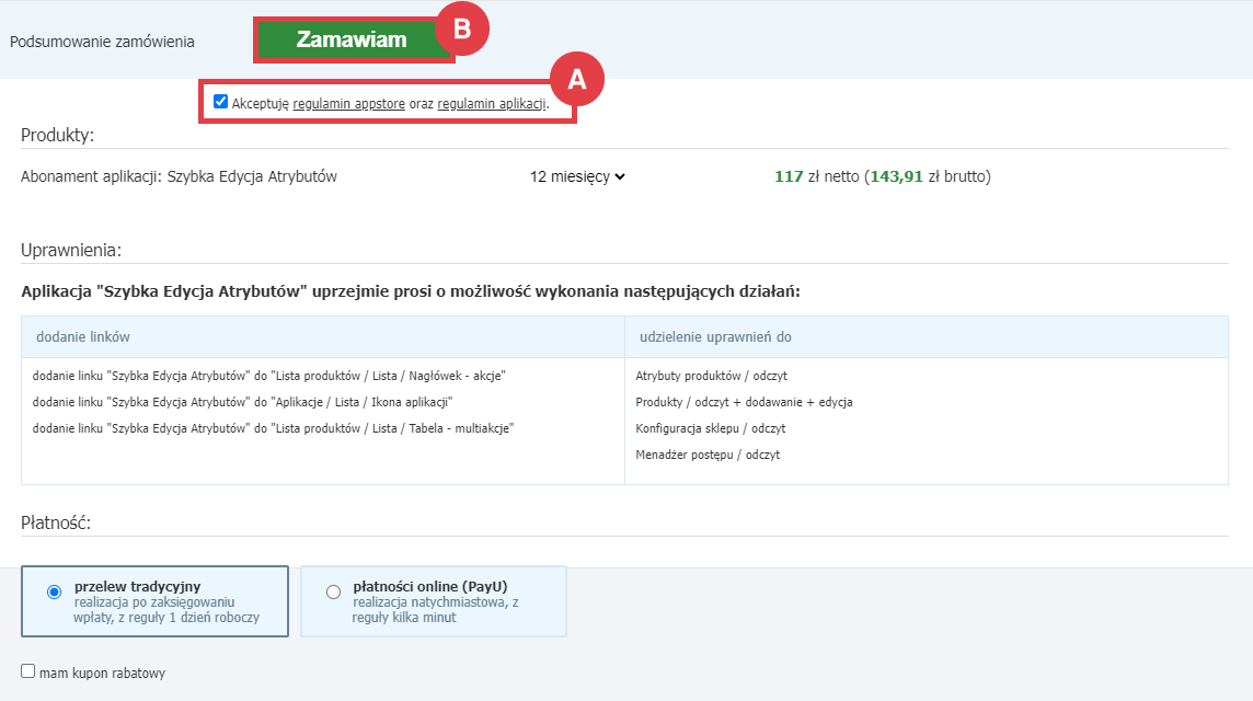 Panel administracyjny sklepu > Dodatki i integracje > Aplikacje > Szybka Edycja Atrybutów > Instalacja
