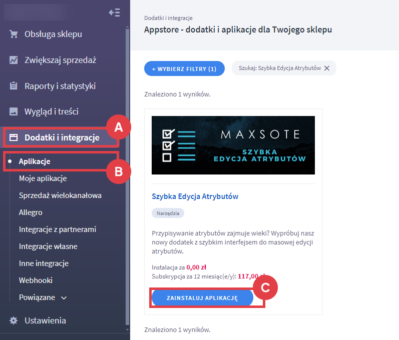 Panel administracyjny sklepu > Dodatki i integracje > Aplikacje > Szybka Edycja Atrybutów