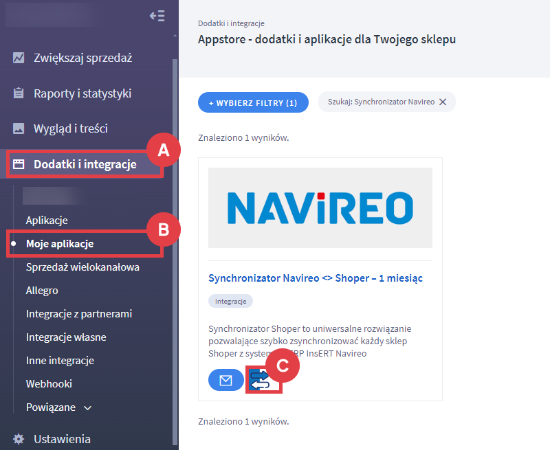 Skonfiguruj połączenie sklepu Shoper z systemem ERP InsERT Navireo Panel administracyjny sklepu > Dodatki i integracje > Moje aplikacje > Synchronizator Navireo