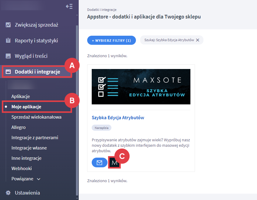 Panel administracyjny sklepu > Dodatki i integracje > Moje aplikacje > Szybka Edycja Atrybutów