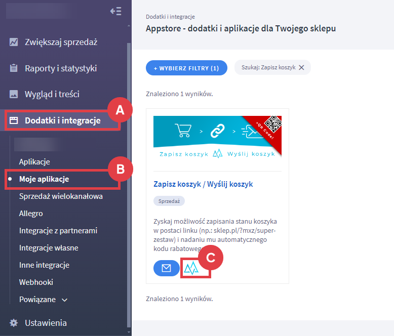 Uruchom aplikację do zapisywania stanu koszyka w postaci linku Panel administracyjny sklepu > Dodatki i integracje > Moje aplikacje > Zapisz koszyk / Wyślij koszyk