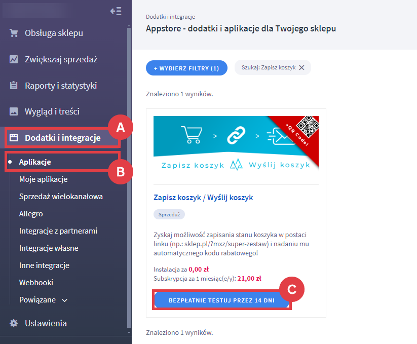 Bezpłatnie testuj aplikację Zapisz koszyk / Wyślij koszyk przez 14 dni Panel administracyjny sklepu > Dodatki i integracje > Aplikacje > Zapisz koszyk / Wyślij koszyk