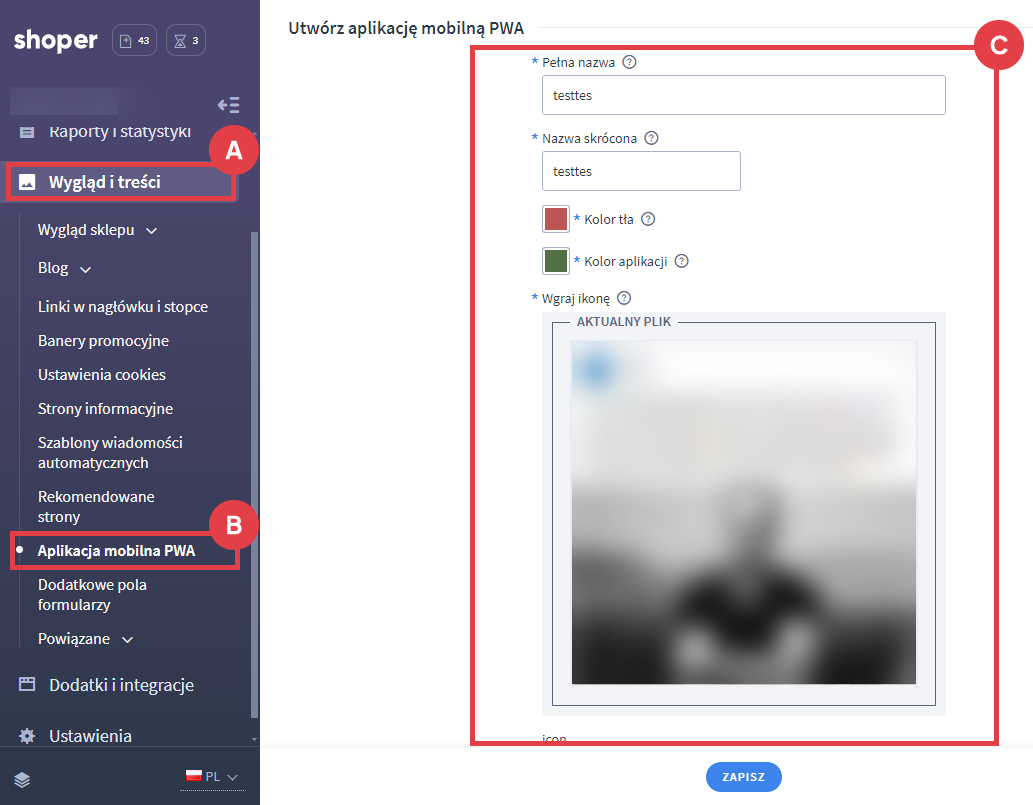 Utwórz progresywną aplikację sieciową Panel administracyjny sklepu > Wygląd i treści > Aplikacja mobilna PWA