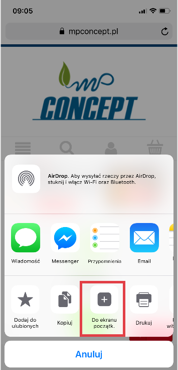 Dodaj aplikację Sklep Shoper do ekranu początkowego Widok dostępnych opcji w przeglądarce na telefonie z systemem iOS
