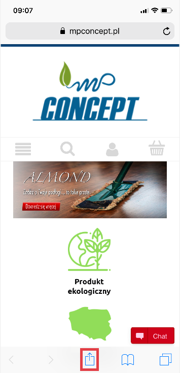 W dolnej części ekranu dostępna jest opcja dodania ikony sklepu do ekranu początkowego Widok sklepu internetowego Shoper na telefonie z systemem iOS