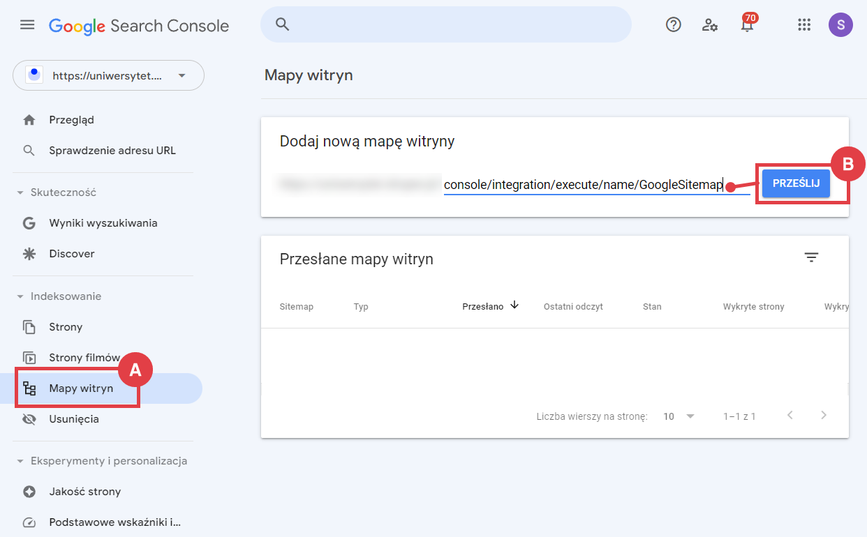 W zakładce: Mapa witryny wklej skopiowany fragment wygenerowanego adresu i kliknij: PRZEŚLIJ Panel Google Search Console > Mapy witryn
