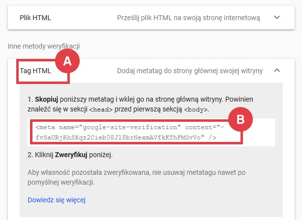 Wybierz metodę weryfikacji: Tag html i skopiuj: wygenerowany kod html Panel Google Search Console metoda Tag html