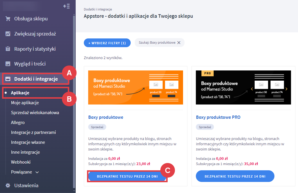 Bezpłatnie testuj aplikację Boxy produktowe przez 14 dni w sklepie Shoper Panel administracyjny sklepu > Dodatki i integracje > Aplikacje > Boxy produktowe