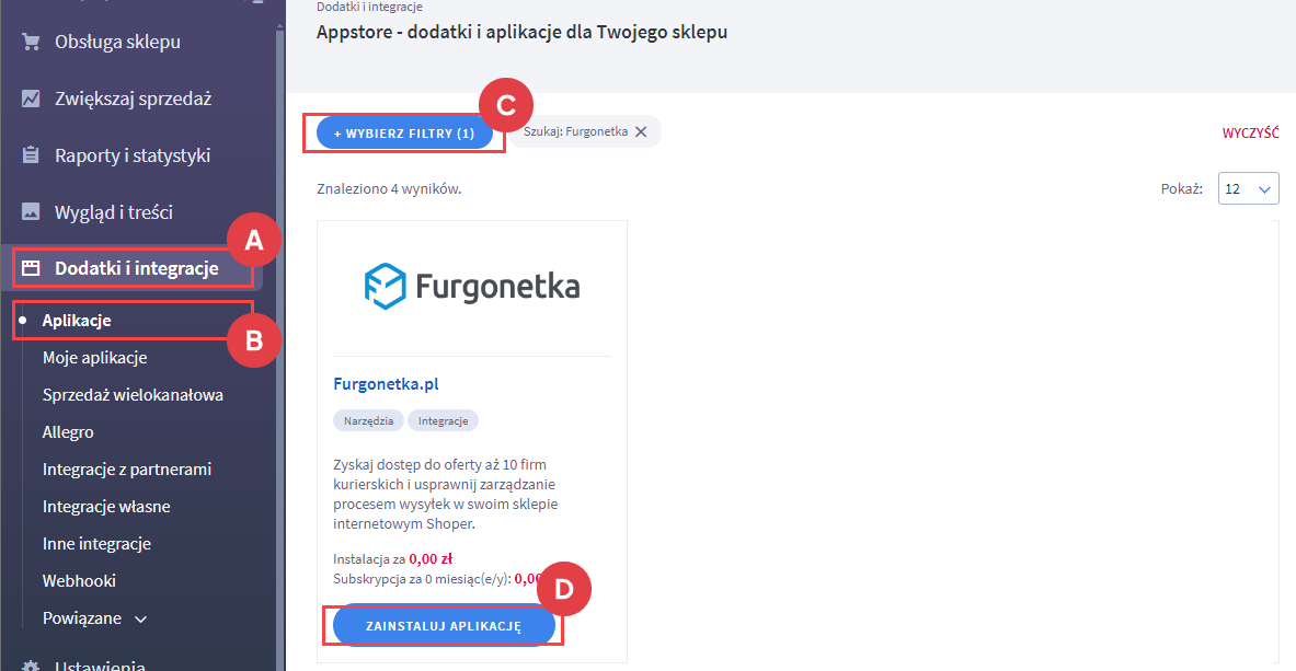 Wyszukaj i zainstaluj aplikację Furgonetka Panel administracyjny > Dodatki i integracje > Aplikacje > Wyszukaj