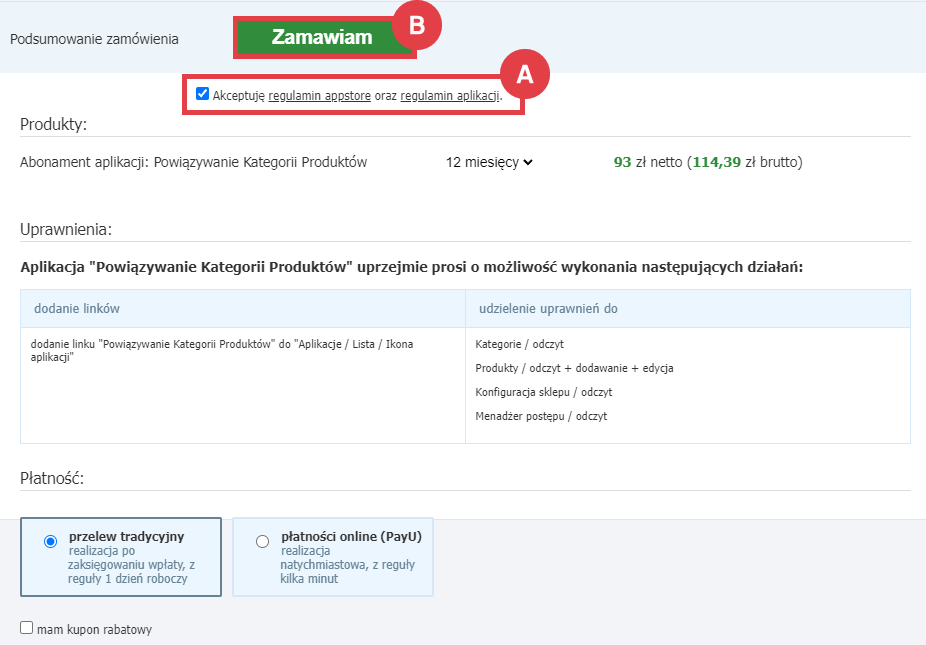 Panel administracyjny sklepu > Dodatki i integracje > Aplikacje > Powiązywanie Kategorii Produktów > Instalacja