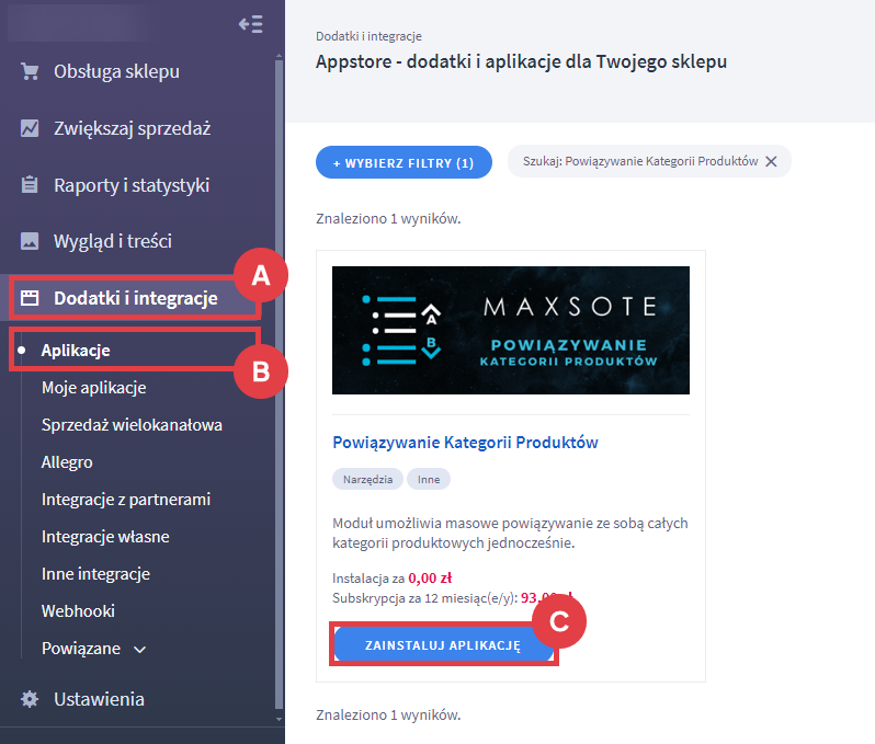 Panel administracyjny sklepu > Dodatki i integracje > Aplikacje > Powiązywanie Kategorii Produktów