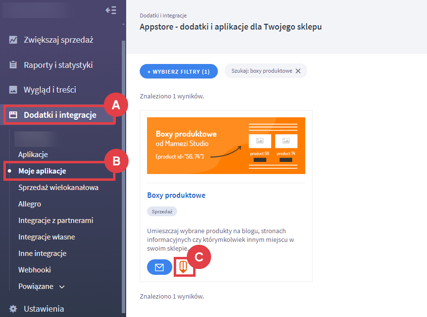 Uruchom aplikację do umieszczania wybranych produktów na stronie sklepu Panel administracyjny sklepu > Dodatki i integracje > Moje aplikacje > Boxy produktowe