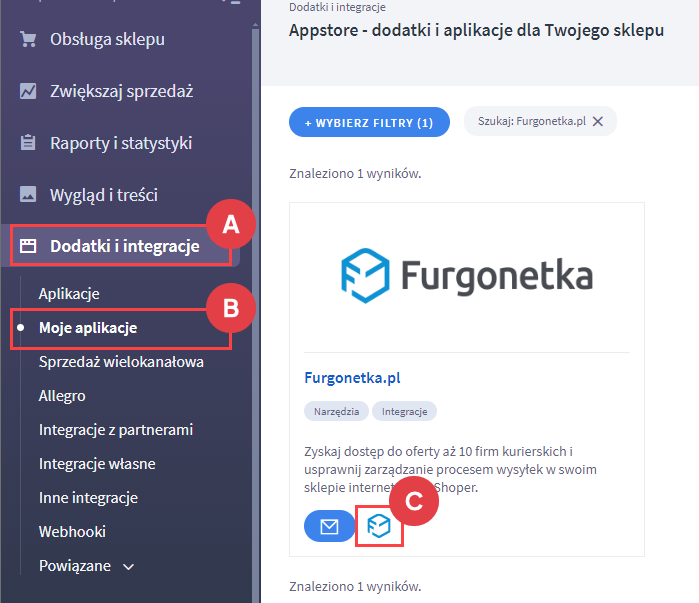 Przejdź do ustawień aplikacji Furgonetka.pl w Panelu administracyjnym sklepu Panel administracyjny > Dodatki i integracje > Moje aplikacje