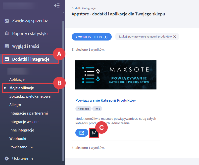 Panel administracyjny sklepu > Dodatki i integracje > Moje aplikacje > Powiązywanie Kategorii Produktów