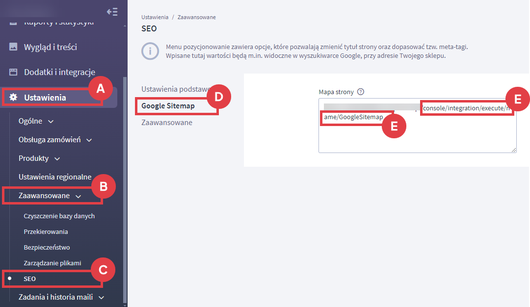Skopiuj fragment adresu URL do mapy witryny wygenerowanej przez system sklepu Shoper Panel administracyjny sklepu > Ustawienia > Zaawansowane > SEO > Google Sitemap